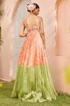 Shop_Anu Pellakuru_Peach Kota Doria Embroidery Plunge Neck Color Blocked Pleated Gown_at_Aza_Fashions