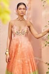 Anu Pellakuru_Peach Kota Doria Embroidery Plunge Neck Color Blocked Pleated Gown_Online_at_Aza_Fashions