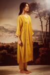 Tatwa_Yellow Handloom Cotton, Viscose Embroidery V-neck Juhi Yoke Kurta And Pant Set _Online_at_Aza_Fashions