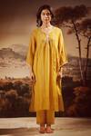 Buy_Tatwa_Yellow Handloom Cotton, Viscose Embroidery V-neck Juhi Yoke Kurta And Pant Set _Online_at_Aza_Fashions