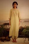 Tatwa_Green Handloom Cotton, Viscose, Silk Embroidery, Zari, Sequins Rose Kurta Set _Online_at_Aza_Fashions