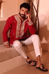 Shreyansh Designs_Red Padma Silk Hand Embroidery Floral Saheb Kurta With Pant _Online_at_Aza_Fashions