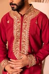 Buy_Shreyansh Designs_Red Padma Silk Hand Embroidery Floral Saheb Kurta With Pant _Online_at_Aza_Fashions