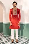 Shop_Shreyansh Designs_Red Padma Silk Embroidery Floral Noraiz Yoke Kurta With Pant  _Online_at_Aza_Fashions