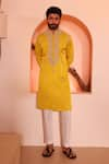 Buy_Shreyansh Designs_Yellow Padma Silk Hand Embroidery Floral Aain Kurta With Pant  _at_Aza_Fashions