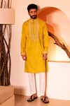 Buy_Shreyansh Designs_Yellow Padma Silk Embroidery Beads Hasrat Placket Kurta With Pant  _at_Aza_Fashions