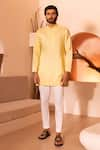 Buy_Shreyansh Designs_Yellow Padma Silk Embroidered Sleeves Pearls Harf Kurta With Pant _at_Aza_Fashions