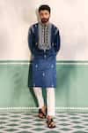 Buy_Shreyansh Designs_Blue Padma Silk Embroidery Arsh Mirror And Beads Kurta With Pant  _at_Aza_Fashions