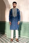 Shop_Shreyansh Designs_Blue Padma Silk Embroidery Arsh Mirror And Beads Kurta With Pant  _Online_at_Aza_Fashions