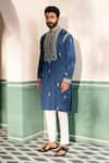 Shreyansh Designs_Blue Padma Silk Embroidery Arsh Mirror And Beads Kurta With Pant  _at_Aza_Fashions