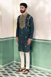 Shop_Shreyansh Designs_Green Padma Silk Hand Embroidery Beads Mushq Kurta With Pant _Online_at_Aza_Fashions