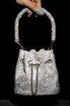 Shop_Ozel_Silver Embellished Hotflix Rhinestone Studded Bucket Bag_at_Aza_Fashions