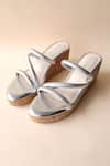 Shop_Tic Tac Toe Footwear_Silver Embellished Cross Metallic Strap Wedges _at_Aza_Fashions