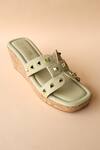 Buy_Tic Tac Toe Footwear_Green Studs Embellished Cut Out Wedges_at_Aza_Fashions
