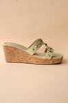 Tic Tac Toe Footwear_Green Studs Embellished Cut Out Wedges_Online_at_Aza_Fashions