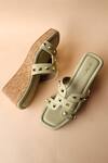 Tic Tac Toe Footwear_Green Studs Embellished Cut Out Wedges_at_Aza_Fashions