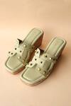 Shop_Tic Tac Toe Footwear_Green Studs Embellished Cut Out Wedges_at_Aza_Fashions