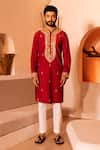 Buy_Shreyansh Designs_Red Padma Silk Hand Embroidery Floral Saheb Kurta With Pant  _at_Aza_Fashions