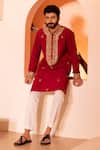 Shreyansh Designs_Red Padma Silk Hand Embroidery Floral Saheb Kurta With Pant _at_Aza_Fashions