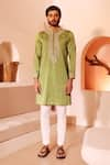 Buy_Shreyansh Designs_Green Padma Silk Embroidery Floral Raihbar Placket Kurta With Pant _at_Aza_Fashions