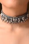 Shop_Mero Jewellery_Silver Plated Carved Tribal Choker Necklace_at_Aza_Fashions