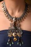 Shop_Mero Jewellery_Multi Color Dual Tone Carved Peacock Necklace_at_Aza_Fashions