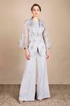 Buy_Saaj By Ankita_Grey Modal, Organza Embroidery, Sequins Square Neck Blazer And Pant Set _at_Aza_Fashions