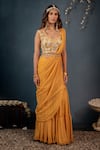 Buy_Saaj by Ankita_Yellow Lurex Georgette Embroidered Pre-draped Sharara Saree With Blouse _at_Aza_Fashions