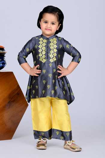 Buy_Little Brats_Grey Modal, Satin, Silk Embroidery Hot Air Balloon Print Kurta And Pant Set _at_Aza_Fashions