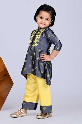 Shop_Little Brats_Grey Modal, Satin, Silk Embroidery Hot Air Balloon Print Kurta And Pant Set _Online_at_Aza_Fashions