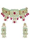 Shop_ChhavI'S Jewels_Gold Plated Stones, Beads, Embroidery Kundan Enamel Choker Set _at_Aza_Fashions