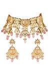 Shop_ChhavI'S Jewels_Gold Plated Applique, Beads, Diamonds Kundan Stone Carved Necklace Set _at_Aza_Fashions