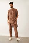 Buy_Son of A Noble Snob_Brown 100% Linen Plain Driss Round High Neck Kurta Set  _at_Aza_Fashions