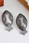 Shop_Ishhaara_Silver Plated Fish Shaped Oxidised Carved Earrings_at_Aza_Fashions