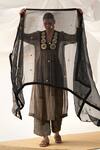 Shop_Itrh_Black Silk Organza, Silk, Crepe Embroidery, Zari V-neck Yoke Kurta Set _Online_at_Aza_Fashions