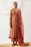 Buy_Itrh_Peach Silk Tissue Placement Embroidery Golden Coin V Neck Anarkali Set _at_Aza_Fashions