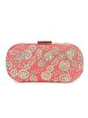 Shop_The Purple Sack_Peach Embroidery Raw Silk Flower Clutch _at_Aza_Fashions