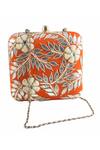 Buy The Purple Sack Orange Gota Patti Hand Embroidered Square Clutch at Aza Fashions Buy_The Purple Sack_Orange Gota Patti Hand Embroidered Square Clutch _at_Aza_Fashions