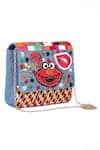 Buy_The Purple Sack_Multi Color Patch Work And Thread Embroidered Happy Monster Denim Bag_at_Aza_Fashions