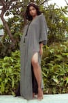 Nitya Bajaj_Black Satin, Muslin Keyhole Neck Holographic Crystal Embroidered Kaftan _Online_at_Aza_Fashions