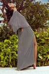 Nitya Bajaj_Black Satin, Muslin Keyhole Neck Holographic Crystal Embroidered Kaftan _at_Aza_Fashions