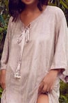 Nitya Bajaj_Pink Satin, Modal Tassels Keyhole Neck Crystal Hand Embroidered Kaftan _Online_at_Aza_Fashions