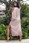 Shop_Nitya Bajaj_Pink Satin, Modal Tassels Keyhole Neck Crystal Hand Embroidered Kaftan _at_Aza_Fashions
