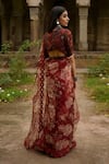 Shop_Mirkashi_Maroon Saree Organza Embroidered Hand Floral Print With Blouse  _at_Aza_Fashions