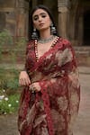 Mirkashi_Maroon Saree Organza Embroidered Hand Floral Print With Blouse  _Online_at_Aza_Fashions