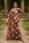 Buy_Mirkashi_Maroon Top And Bottom Georgette Floral Print Peplum Kurta Sharara Set  _at_Aza_Fashions