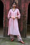 Buy_Mirkashi_Pink Top Assam Silk Embroidered Hand V Kurta And Pant Set  _at_Aza_Fashions