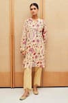 Sage Saga_Yellow Cotton Lurex Printed Floral V Neck Straight Tunic Pant Set _Online_at_Aza_Fashions