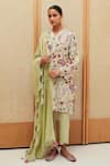 Buy_Sage Saga_Green Cotton Lurex Printed Floral V Neck Blossom Straight Tunic Pant Set _at_Aza_Fashions