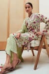 Sage Saga_Green Cotton Lurex Printed Floral V Neck Blossom Straight Tunic Pant Set _at_Aza_Fashions